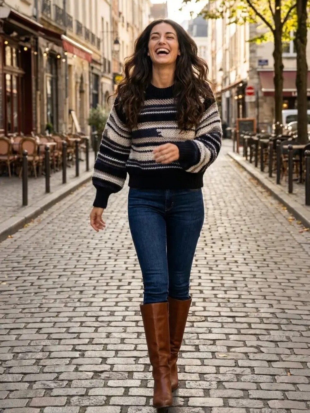 Striped Crewneck Sweater in Black, Cream & Navy/Grey
